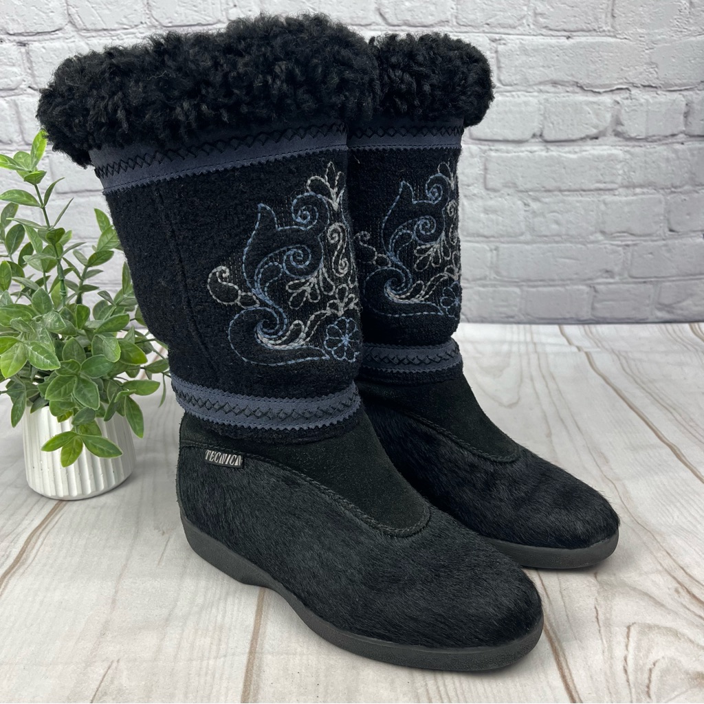 Tecnica Skandia Embroidered Italian Aprs-Ski Winter Fur Boots Sz Eu 38 / Us 7.5